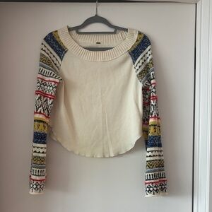 FREE PEOPLE Cream Knit Sweater with Patterned Colorblock Sleeves